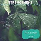 Water droplets glistening on green leaves, accompanied by the text: 'strengthens with keratin to ease brushing & combing, fresh & clean scent'