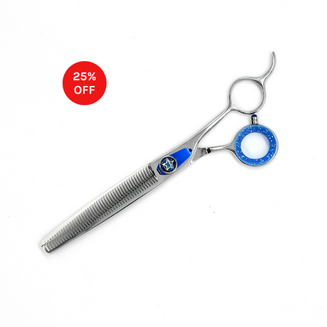 Closed view of Monk Blue 7.5" 46-Tooth Thinning Shear with 25% off sale badge